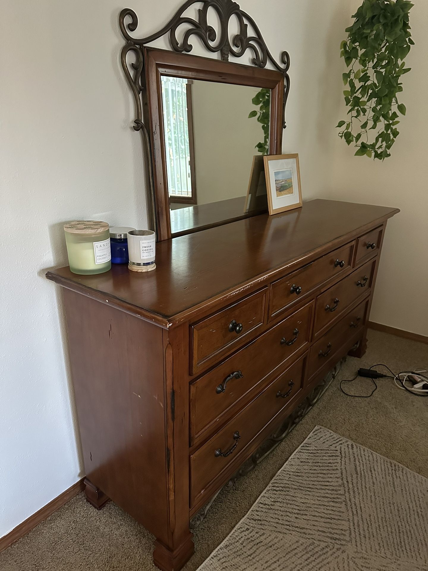 Solid Wood Dresser With Metal Details And Mirror