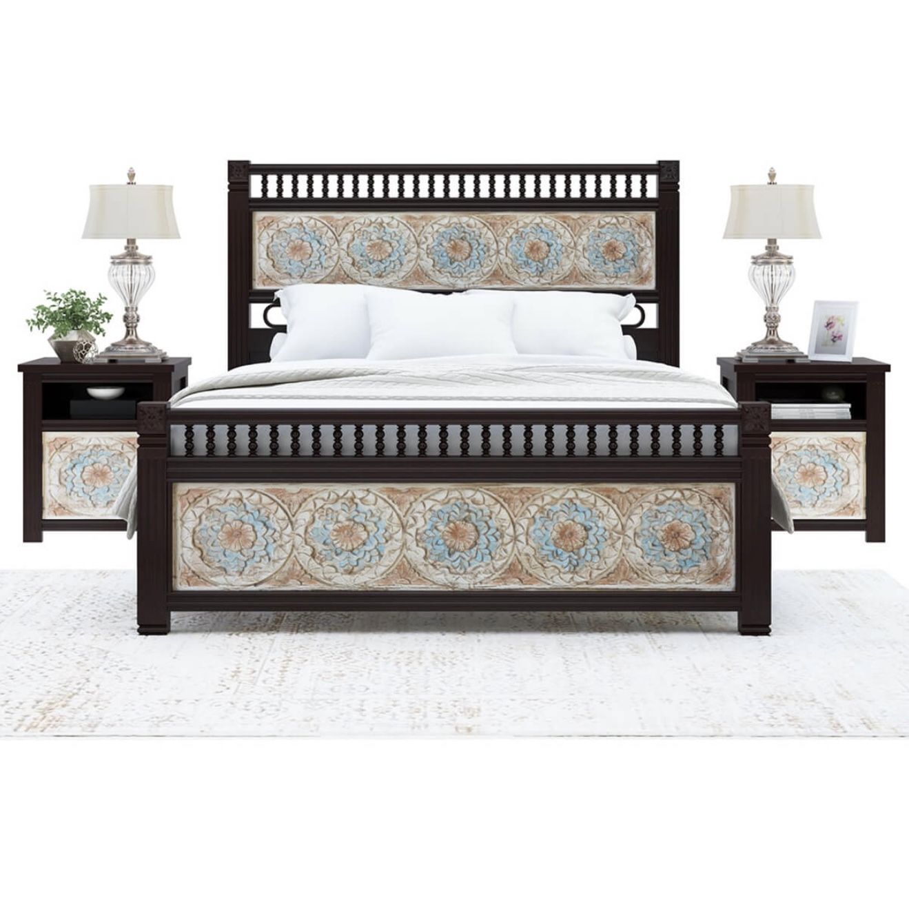 English Garden Wood Hand Carved King Size Bed Frame w Foot & Headboard