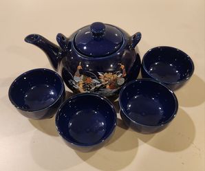 Vintage Cobalt Blue Peacock Tea Set – Teapot, 4 Cups & Tray