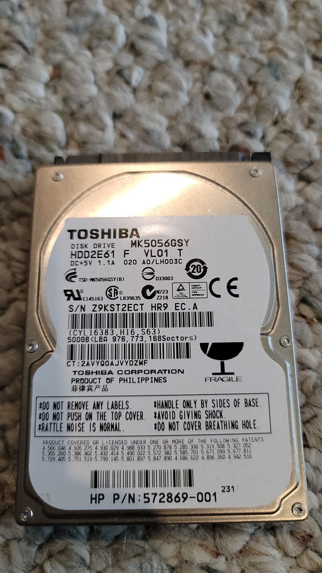 500gb sata laptop 2.5" hard drive