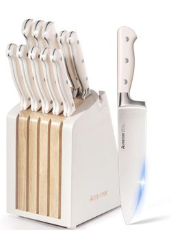 Brandnew Kitchen Knife Set with Block and Sharpener, 12 Pcs Ultra-Sharp High Carbon Stainless Steel Knife Block Set with Non-Slip Full Tang Ergonomic 