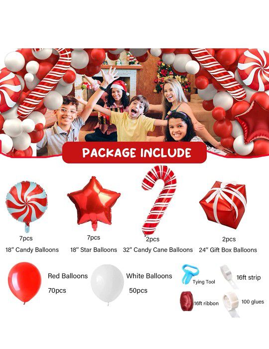 Christmas Balloon Garland Arch kit, 147PCS Christmas Decorations with Red White Balloons, Candy Cane, Gift Box, Red Star Foil Balloons for Indoor or O