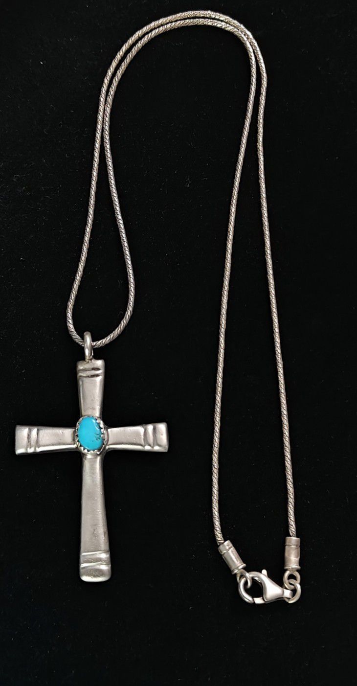 Navajo Sterling Silver Turquoise Cross Pendant Handmade On A 18" Sterling Silver Woven Chain Necklace Total Weight Of 11.9 Grams