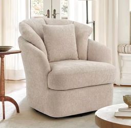 Rowena Oversized Light Khaki Chenille Upholstered Swivel Accent Chair with Double Cushion Modern Swivel Barrel Chair