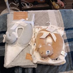 Embossed Baby Blanket, Plush Blanket, & 2 Travel Neck Pillows