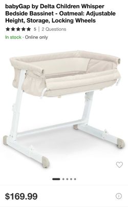 babyGap by Delta Children Whisper Bedside Bassinet - Oatmeal: Adjustable Height, Storage, Locking Wheels