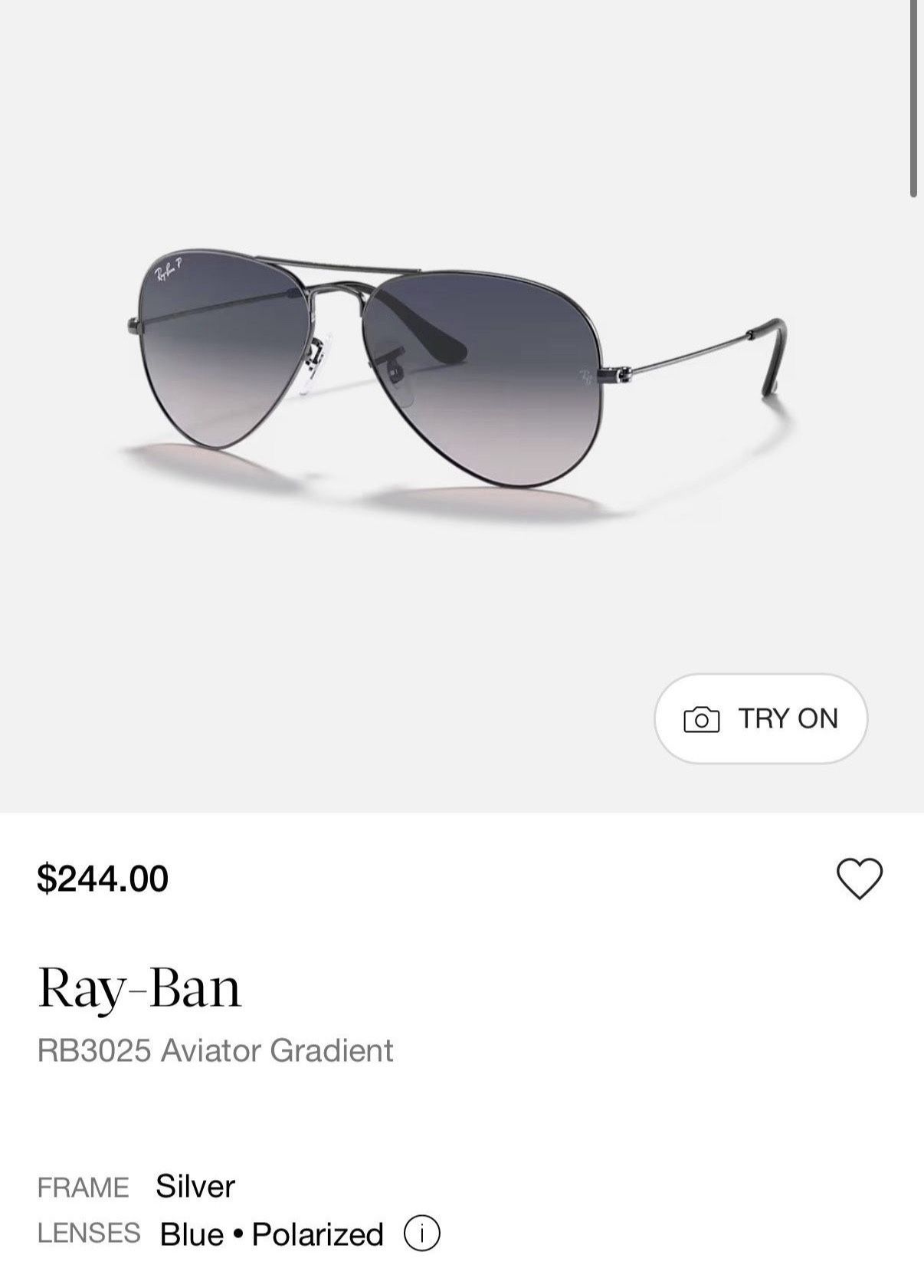 Ray-Ban RB3025 Aviator Gradient FRAME Silver LENSES Blue Polarized