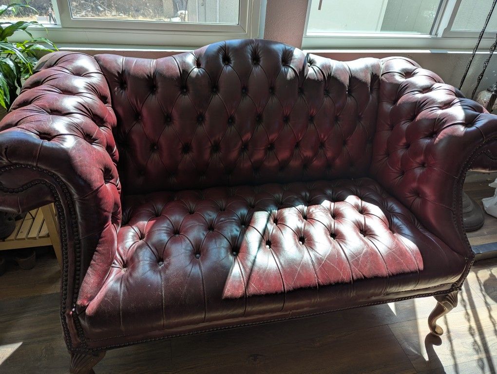 Vintage Red Leather Tufted Loveseat 