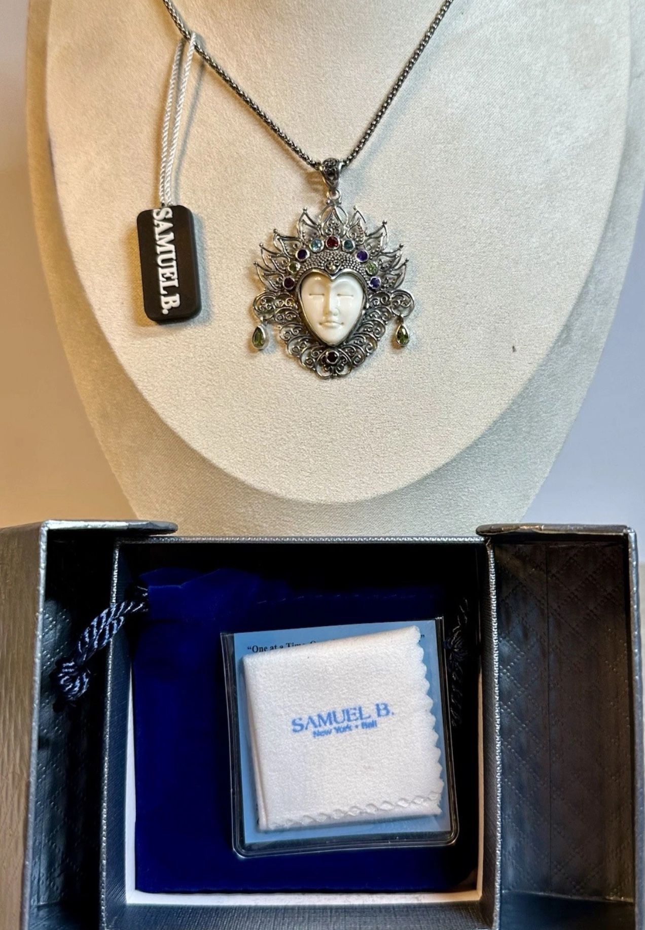 FREE SHIPPING! NWT Samuel Benham 925 Silver/18K Gold Carved Goddess Pendant Necklace Lot #626