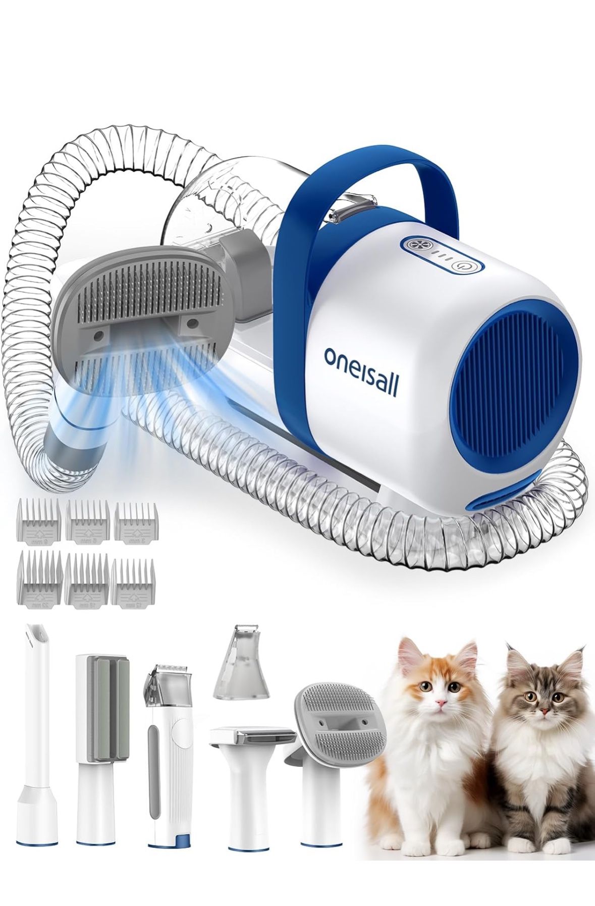 oneisall Cat Hair Vacuum, Low-Noise Pet Vacuum Grooming Kit with Brush & Clippers for Hair Shedding Trimming Grooming, 6 in 1 Cat Vacuum Groomer for P