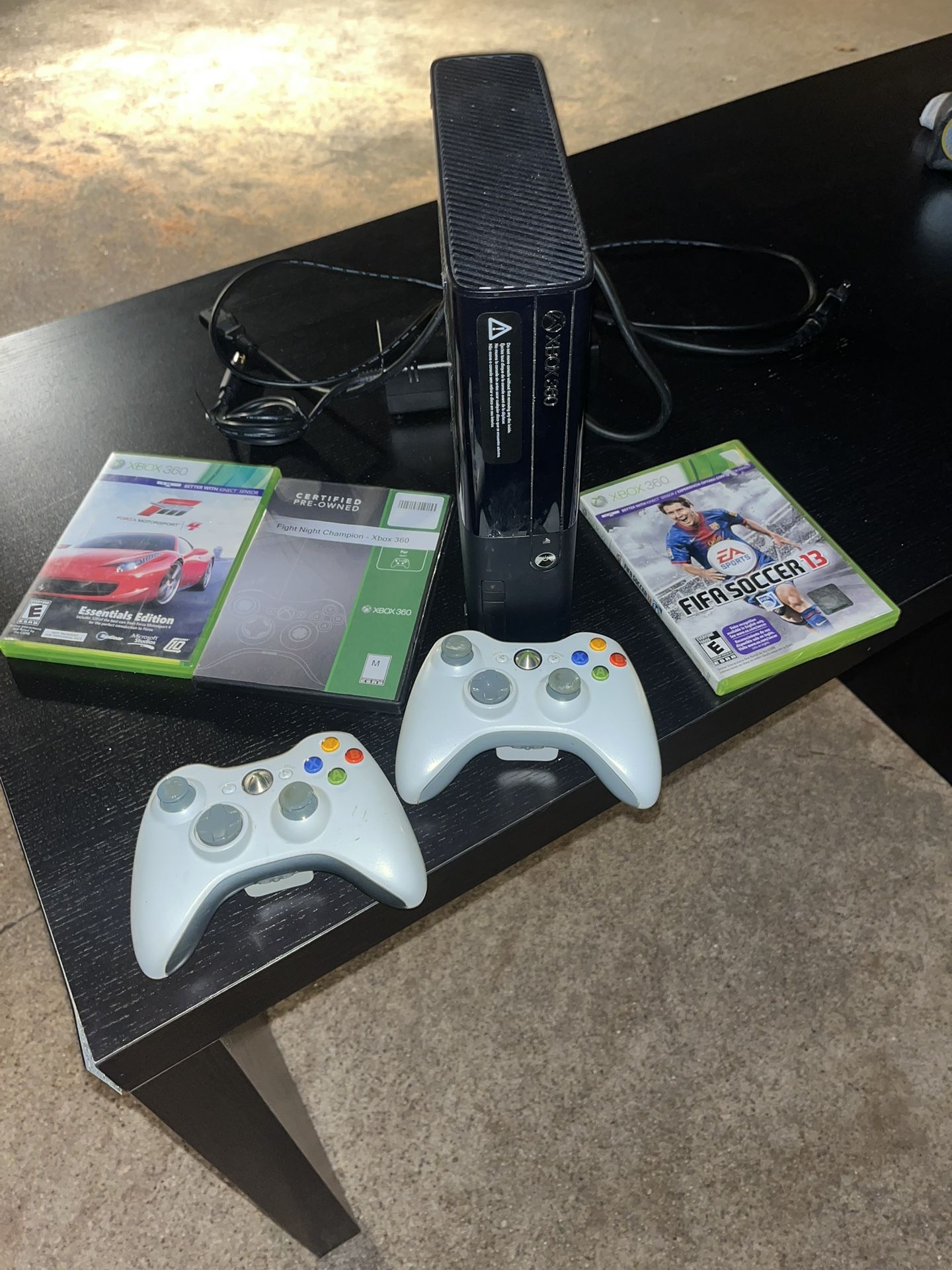 Xbox 360 E With Two Controllers And Three Games