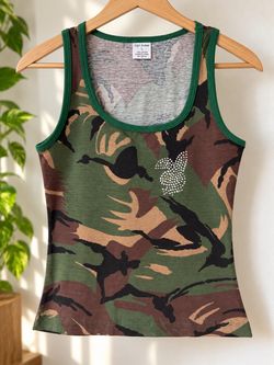 Y2K Camo Rhinestone Playboy Bunny Tank Top Size Large – Green Military Camo Camouflage Top