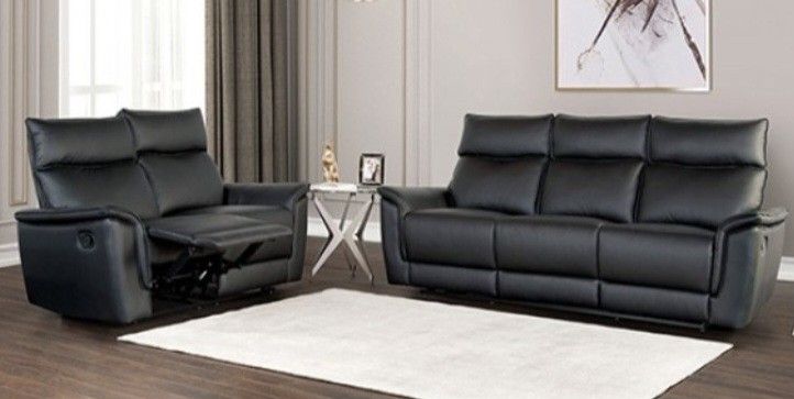 Brand New Black Leather Modern Style Reclining Sofa & Loveseat 