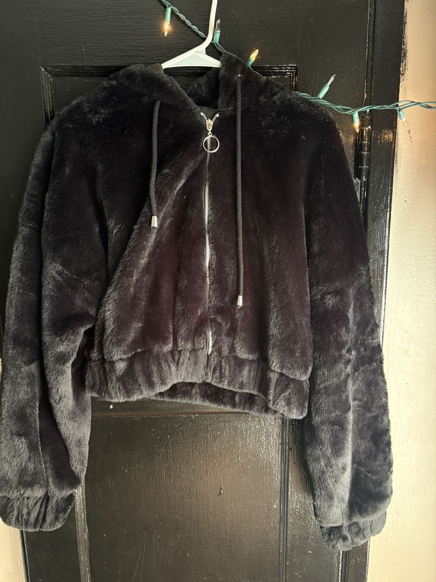 Black Puffer Fluffy Jacket With Hoodie 