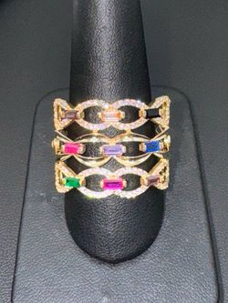 14k yellow gold Rainbow baguette multicolor gemstone Ruby Sapphire Emerald Onyx CZ ring sz11.5