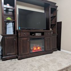 Large Dark Wood Entertainment Center w/ Electric Fireplace – Great Condition
