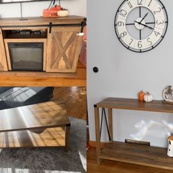 Living room furniture set. Rustic oak. Fireplace tv stand, console table and coffee table