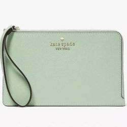 Kate Spade Staci Medium L-Zip Wristlet Olive Green Leather Wallet 