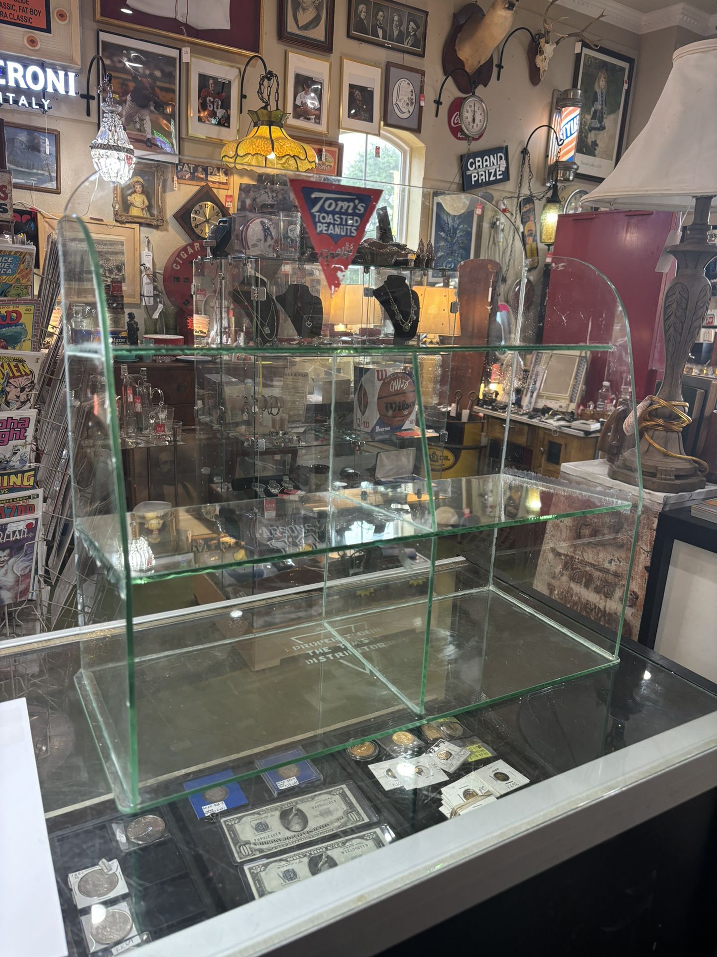 19x8.5x18 TOM’S ALL GLASS SHELVES CANDY AUTHENTIC ORIGINAL DISPLAY. 145.00.   Johanna at Antiques and More. Located at 316b Main Street Buda. Antiques