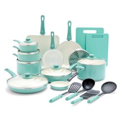 GreenLife Soft Grip Healthy Ceramic Nonstick 23 Piece Kitchen Cookware Pots And Frying Pans Set, Turquoise- box 326-066
