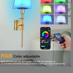 RGB Battery Operated Wall Sconces Set of 2, Wireless LED Wall Lights Indoor with App Control, Dimmable Rechargeable Gold Wall Lamps, Music Sync, Timer