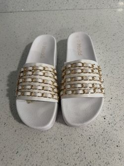 Mudd White Slide Sandals with Gold Chain Detail