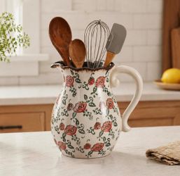 Floral Ceramic Pitcher Utensil Holder