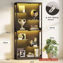 😀 Glass Display Cabinet - Curio Cabinet with RGB Lighting, Adjustable Shelves Display Case, for Game Room, Living Room, Bedroom, Black