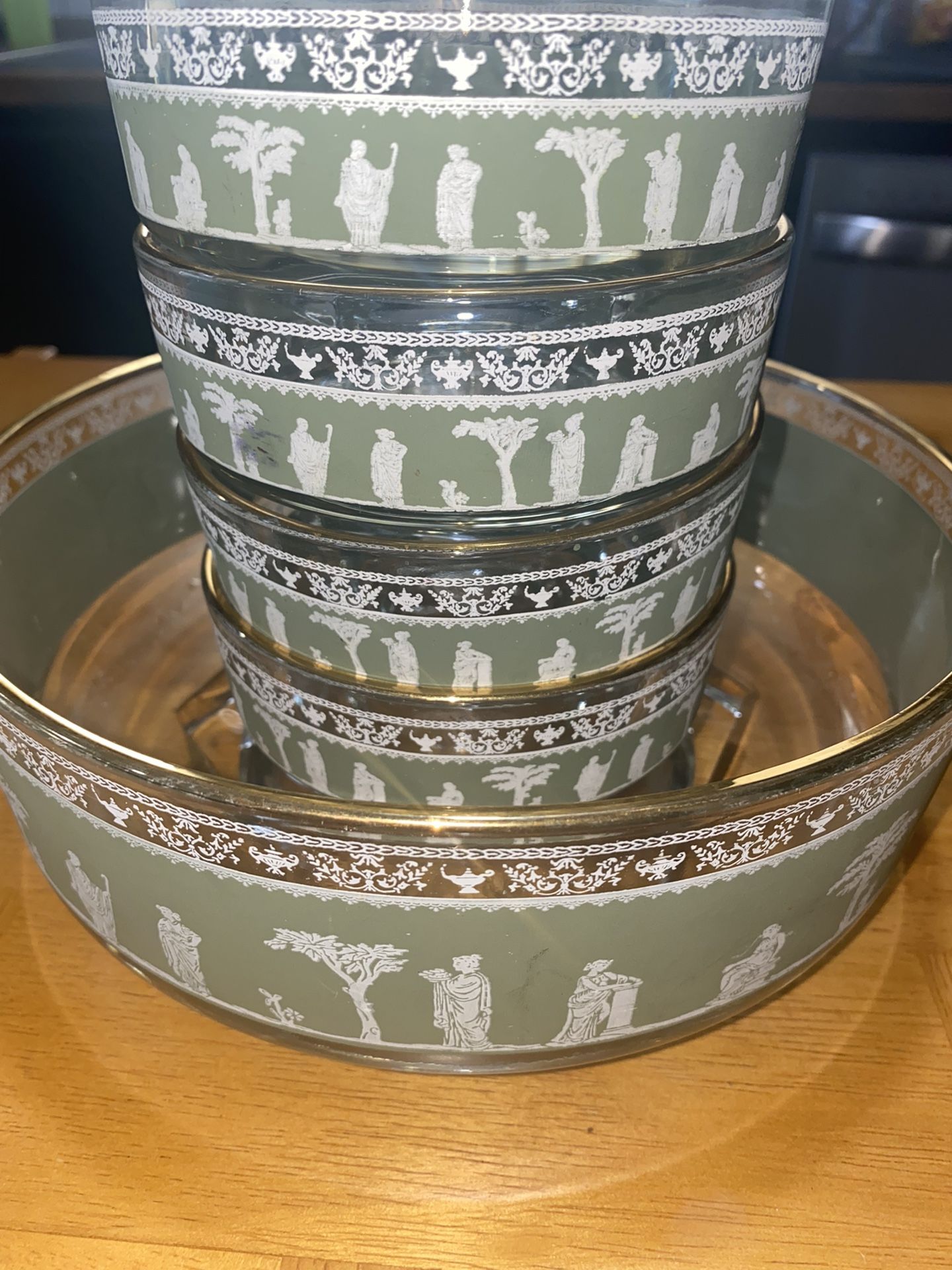 Mid Century Green Jasperware Hellenic 5 PC Set, Jeannette Glassware, Vintage