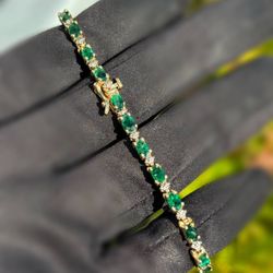 Jewelry 14k solid yellow gold natural Diamond Emerald 7.00CTW tennis bracelet 7.25” 3.70mm