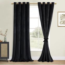 DWCN Black Blackout Velvet Curtains - Extra Long Refresh Bundleable Heavy Duty Thermal Insulated Energy Efficiency Grommet Window Panels for Bedroom/L