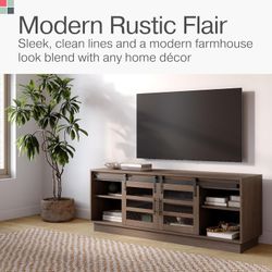 Modern Farmhouse TV Stand - Media Console with Sliding Glass Doors - 58” Entertainment Center with Storage - Barn Door TV Stand for Living Room and Be