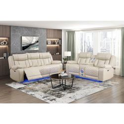 Beige Power Sofa and Loveseat Recliners with Bluetooth Speakers
