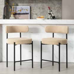 0539  24'' Boucle Counter Stools Set of 2, Beige Bar Stools with Backs, Counter Height Bar Stools for Kitchen Island/Kitchen Counter, Upholstered Coun
