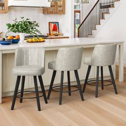 26 in. High Back Light Gray Faux Leather Solid Wood Frame Swivel Bar Stool Modern Counter Height Stool (Set of 3)