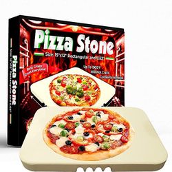 Pizza Stone Rectangular, Baking Tray, Grilling Stone for Oven, BBQ Grill. Innovative Built-in 4 Handles, Heavy Duty Heat Resistant, Durable and Food S