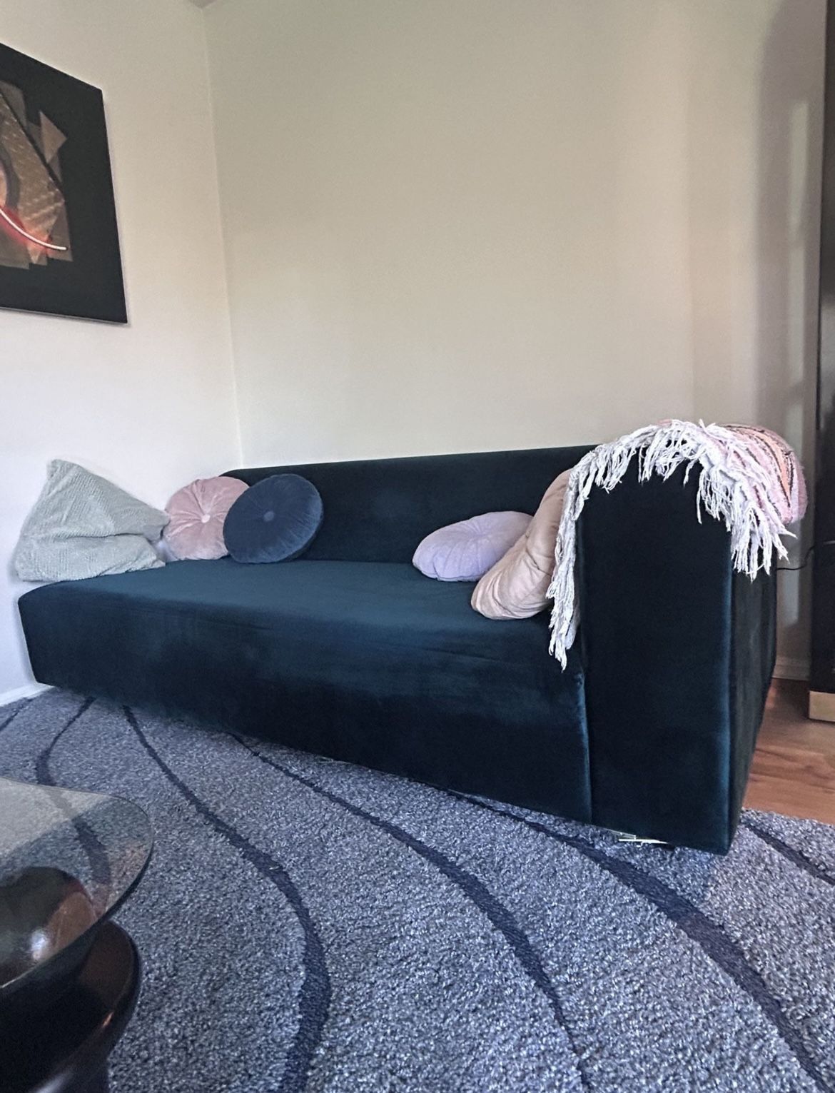 Postmodern Custom Velvet Teal Chaise Sofa