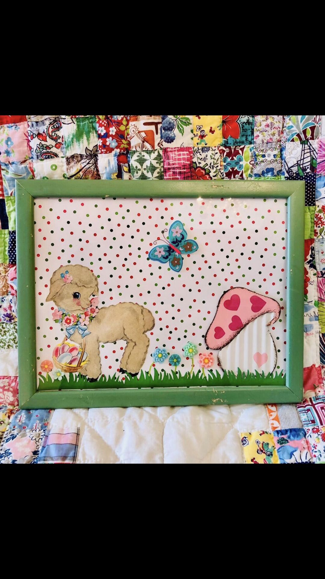 Cute Handmade Picture, Vintage Lamb Card, Mushroom, Butterfly, Kitsch/Kitschy, Nursery Decor