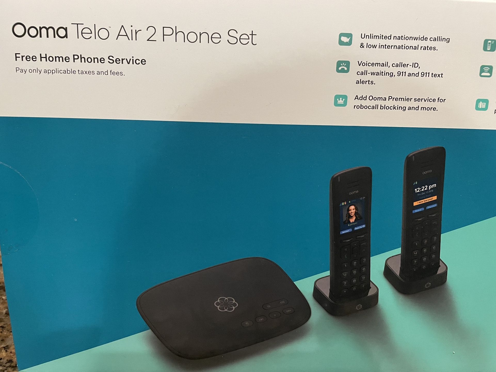 Ooma - Telo Air 2 Internet Home Phone Service with 2 Cordless Handsets - Black