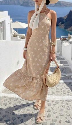 Cute beige floral halter maxi dress