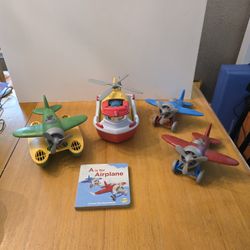 Children's Toys - 7 Piece Set of Green Toys Vehicles and Book - Airplanes, Boat, Helicopter, Figures