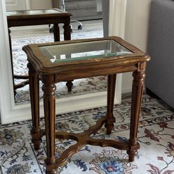 Vintage Wood Side Table with Glass TOP