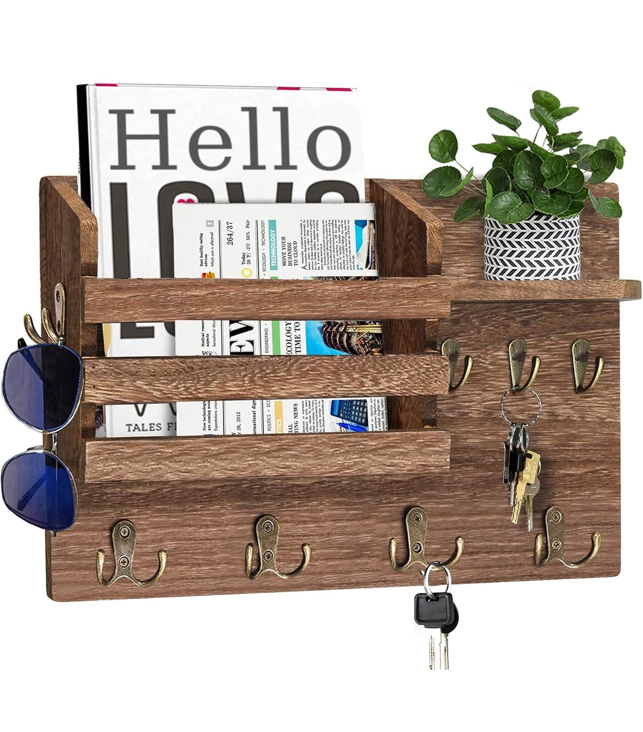 Wall Mounted Mail Organizer with Shelves and Hooks, Mail Holder for Wall with Key Hooks, Wood Mail and Key Holder for Wall, Key Rack with Hooks, Entry