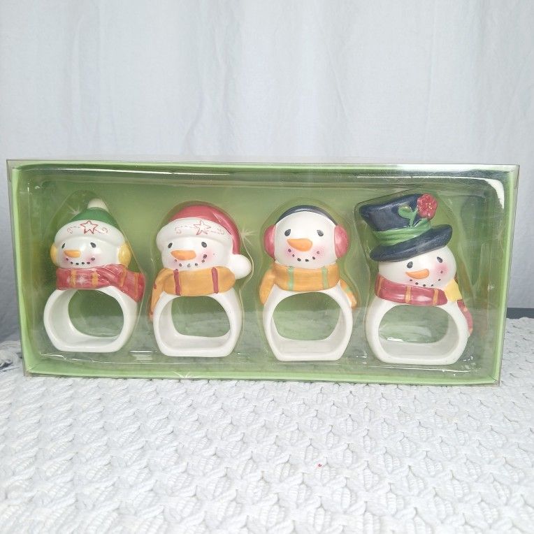Vtg Holiday Christmas Nostalgia Snowman Ceramic Napkin Rings Holder Set of 4