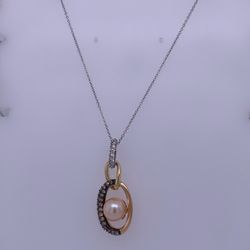 14k White Gold Thin Rolo Necklace W/ Tri-Tone Pearl Necklace