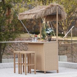Grand patio Outdoor Tiki Bar Set with Widen Ceramic Top (42" W), Phuket 3-Piece Wicker Islander Tiki Bar and 2 Stools Storage for Garden, Natural