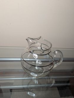 Vintage Mid Century Silver Band Ribbed Pitcher Hand Blown Glass - Mid century Barware 