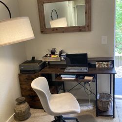 Desk, filing cabinet, chair