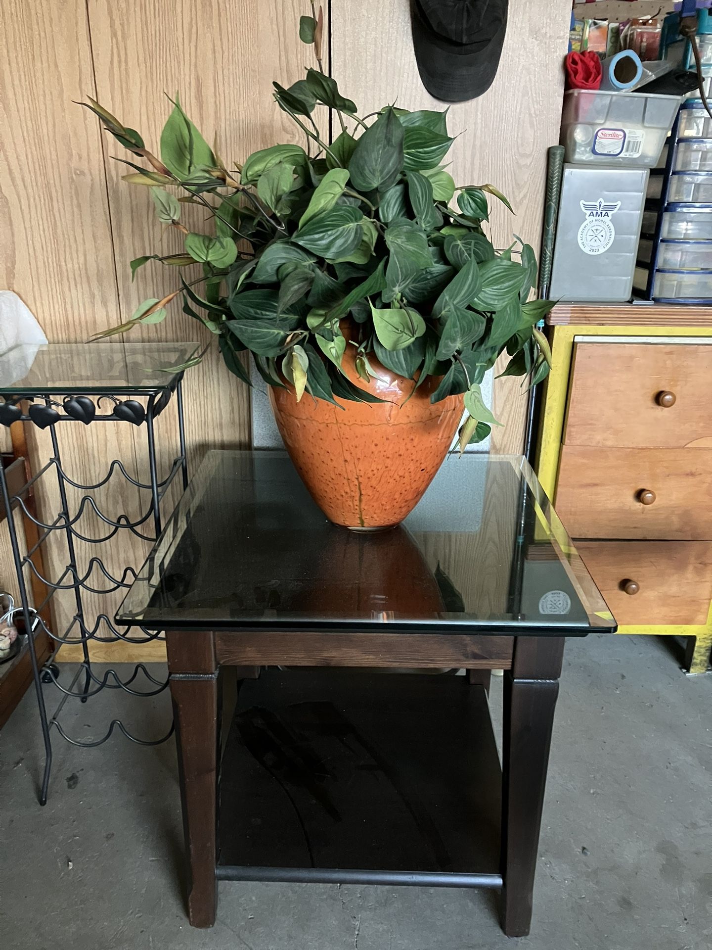 Square Solid Espresso Wood Side Table 21”square 22”H & Square Glass Table Top 24”x24” & A Beautiful Orange 13” Vase With Flowers