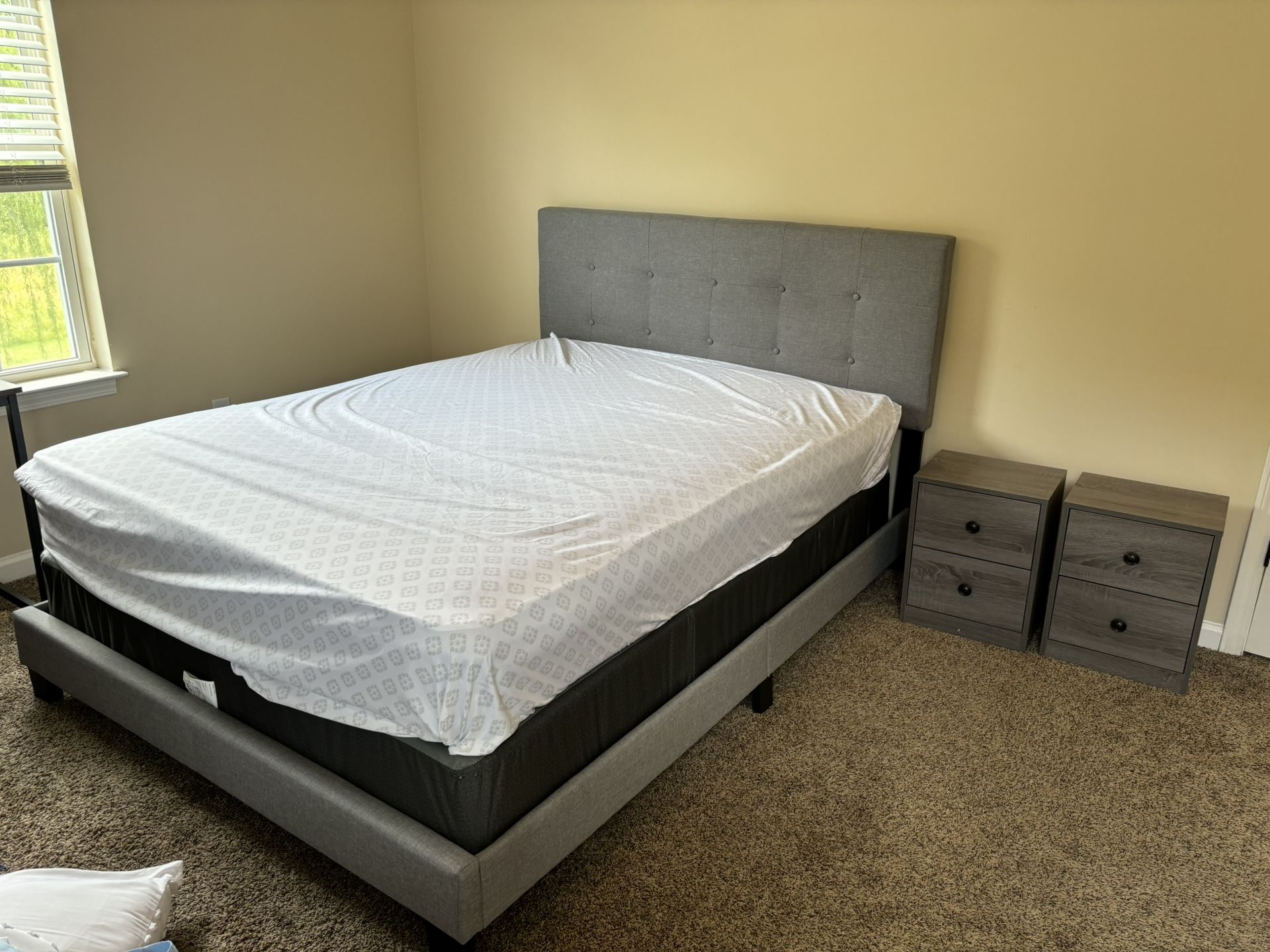 Queen Sized Bed + Mattress + 2 Matching Side Tables